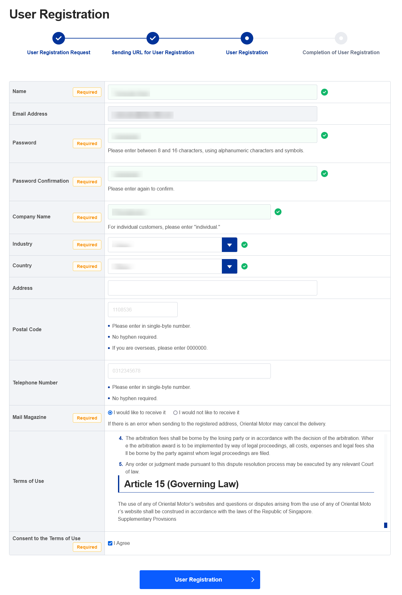 3. Enter user information/agree to terms of use